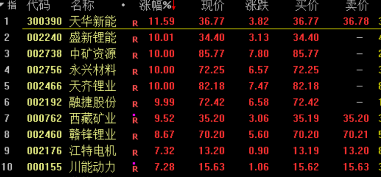 锂矿股引爆新能源37只基金净值涨超5% 最高涨幅达7.7% 前十大重仓股或一半涨停